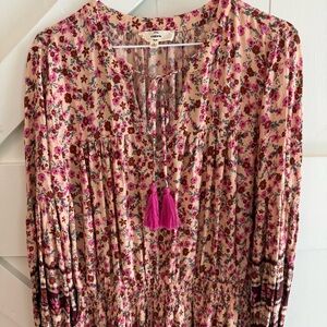 Entro Pink Floral Dress with Tassels Elastic Waist Size Large Feminine Boho